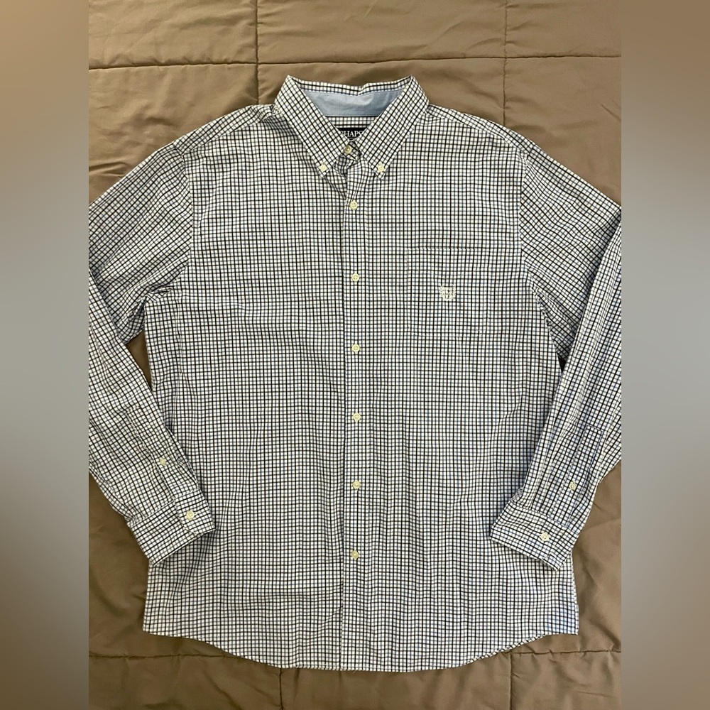 Chaps Blue & White Gingham Plaid Men's Button Down Dress Casual Shirt, size XL